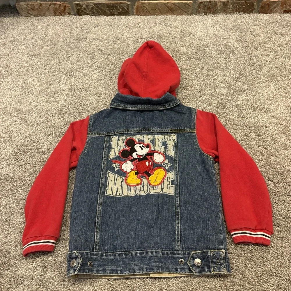 VTG Disney Mickey Mouse Layered-Look Denim Jacket Hoodie Sweatshirt Size 4 / 5